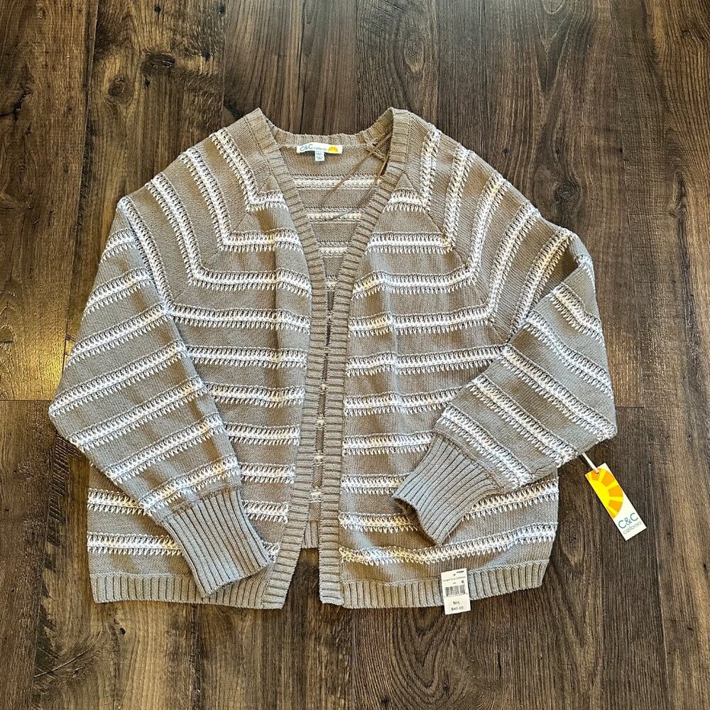 NWT C&C California Women's Open Cardigan Light Green White Striped, Size: M/L
